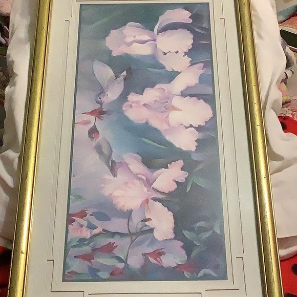 Lilac’s and Hummingbird’s in print in Gold Frame.  Painted by Robbin Allen - Picture 3 of 11